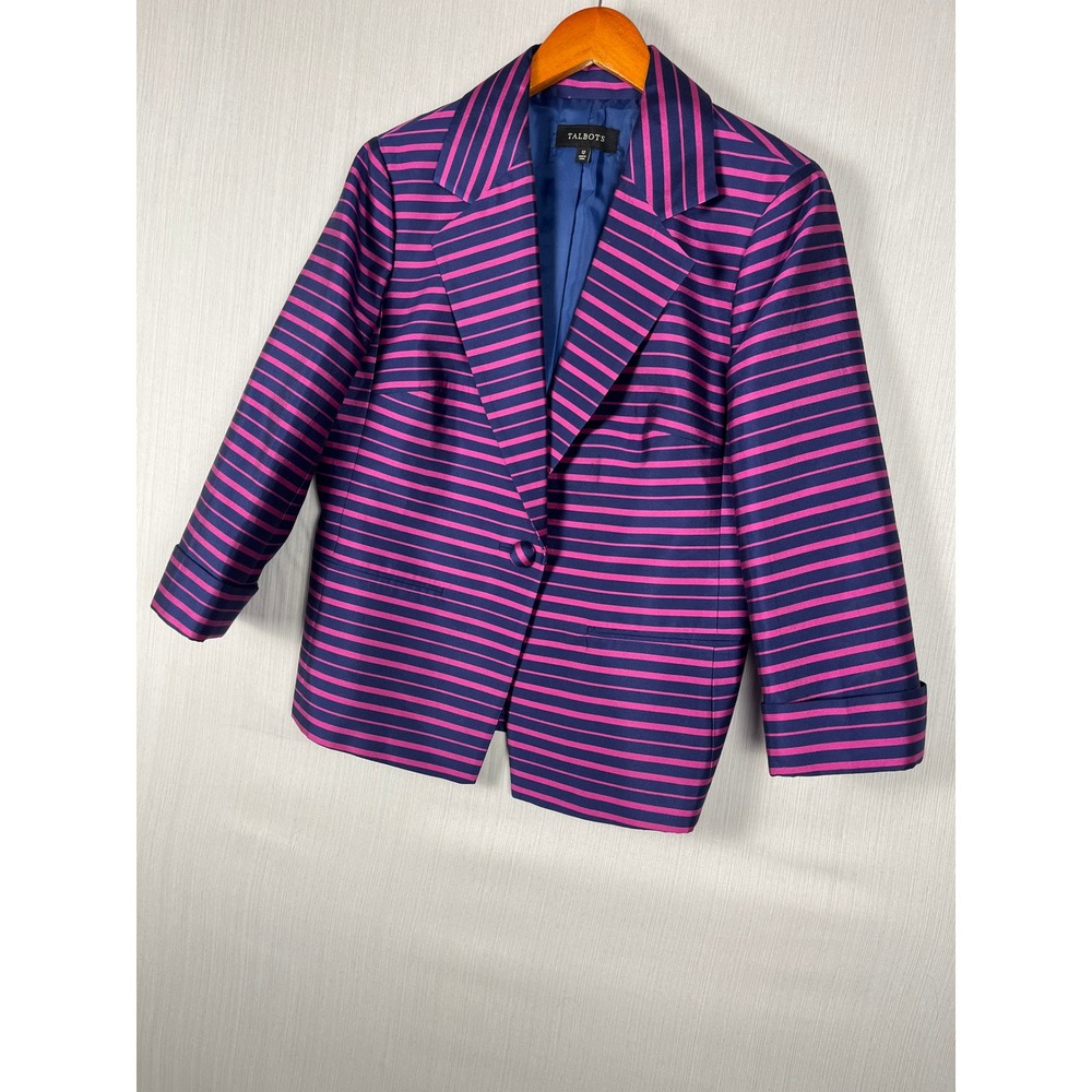 Talbots Blazer Womens 12 Blue Pink Striped Silk Blend Single Button‎ Maximalist